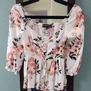 Floral Lace-Up Women's Top - White and Pink